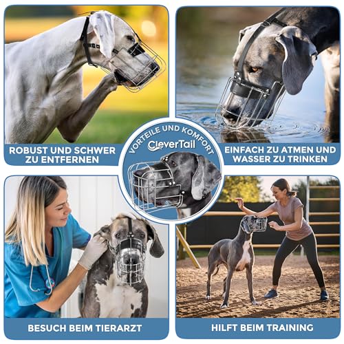 CleverTail Extra großer Maulkorb für Dogge – Metall-Körbchen-Maulkorb gegen Bellen und Beißen – für Rottweiler, Cane Corso, Retriever, Mastiff