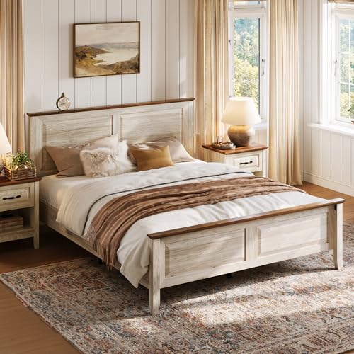 LINSY Farmhouse Wood Queen Bed Frame with Headboard, Bed Frame Queen Size with High Footboard, Wood Bed Noise-Free, No Box Spring Needed - Beige