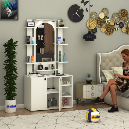 Image of Anikaa Venza Engineered Wood Dressing Table with Wall Mounted Mirror & LED Lights Open Shelf | Makeup Vanity Storage Cabinet with Soft Closed Hinge Door for Bedroom -(White) DIY Installation