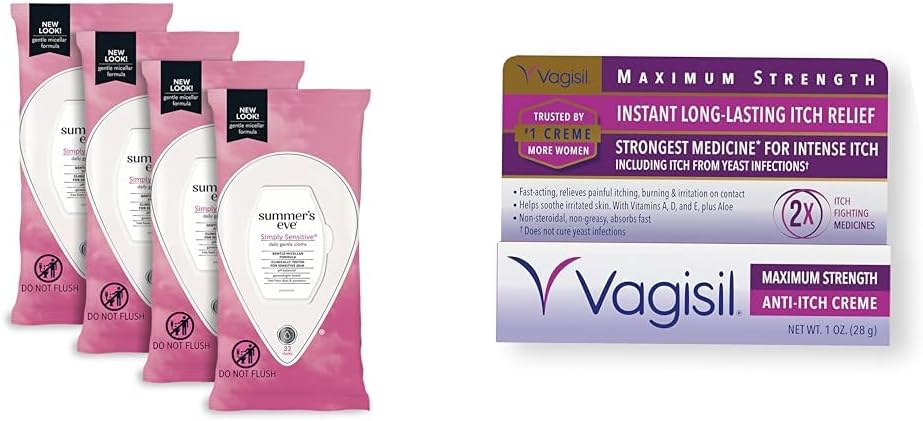Summer's Eve Simply Sensitive Feminine Wipes 4 Pack and Vagisil Maximum Strength Anti-Itch Feminine Cream, 1 oz