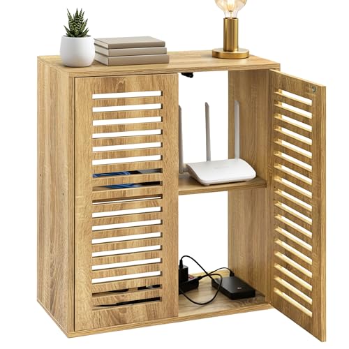 Image of WiFi Router Storage Cabinet, Floor Standing Router Storage Box Modem, Multi-Functional Router Storage Box, Power Strip and Cable Management Hider Organizer for Living Room, Office, Bedroom, White Oak