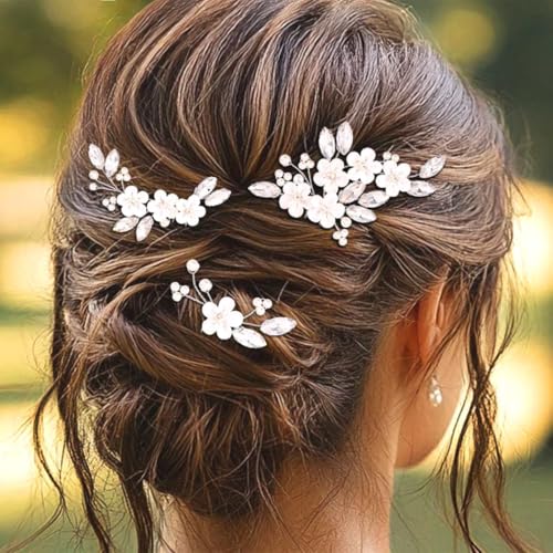 Casdre Flower Bride Wedding Hair Pins Silver Crystal Bridal Hair Accessories Pearl Hair Pieces for Women and Brides (Pack of 3) (Silver)