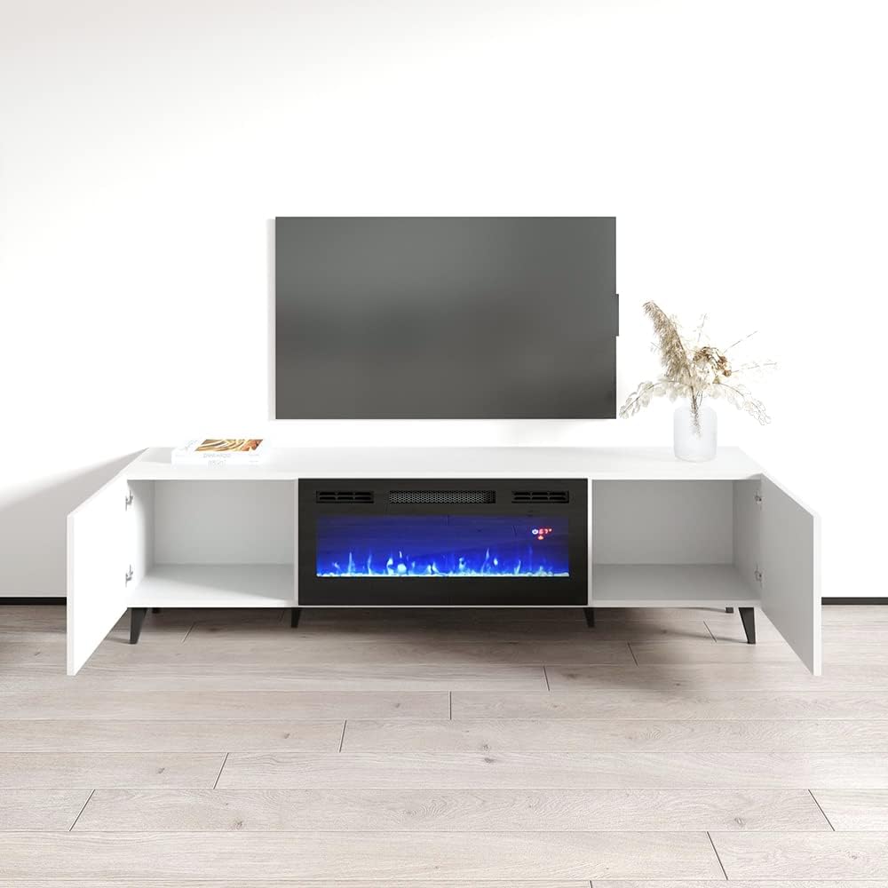 Meble Furniture Pafos BL-EF TV Stand with Electric Fireplace - Modern Rectangular TV Stand with Storage Cabinets - Media Entertainment Center Console Table for TV Up to 80" - White