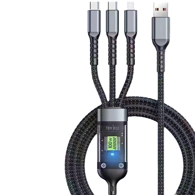 Image of 3-in-1 100W Fast Charging Cable with LED Display | 5A PD Braided Nylon Multi USB Cable (Type-C, Lightning, Micro USB) for Laptops, iPhones, Android & Tablets | 480Mbps Data Sync | 1.2m