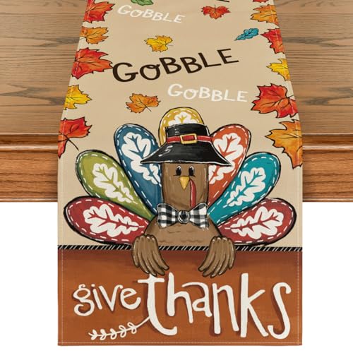 Artoid Mode Turkey Give Thanks Thanksgiving Table Runner, Seasonal Fall Autumn Kitchen Dining Table Decoration for Home Party Decor 13x120 Inch by Artoid Mode - Used condition - US$11.91