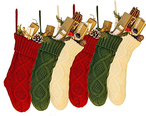 NIGHT-GRING 6 PCS 15'' Knit Christmas Stockings Woven Stockings Christmas Decorations White/Red/Green