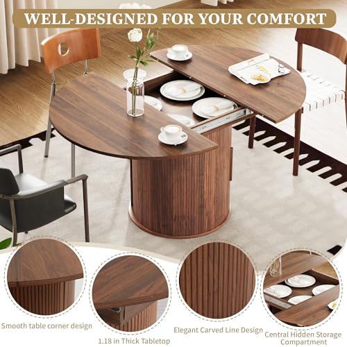 Image of weselon 43 inch-59 inch Extendable Round to Oval Dining Table with Hidden Storage, Modern Wooden Kitchen Table with Fluted Sliding Door Cabinet, Expandable Dinner Table for Dining Room Living Room (Walnut)