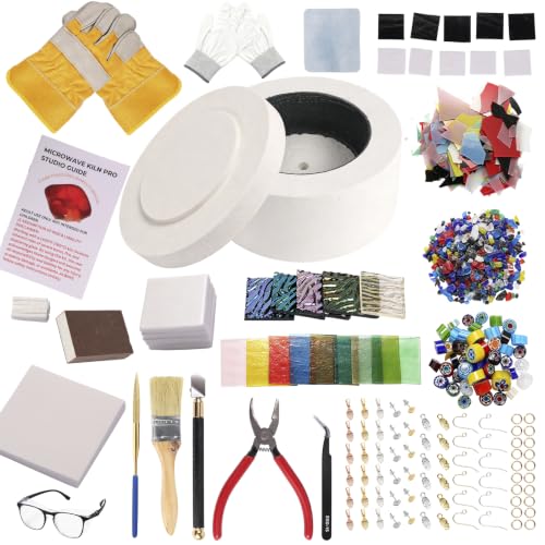 Large Microwave Kiln Kit for Glass Fusing (19.5cm) DIY Jewelry Making Studio with COE90 Glass Crafting Tools & Safety Gear - (Pro Glass Set)