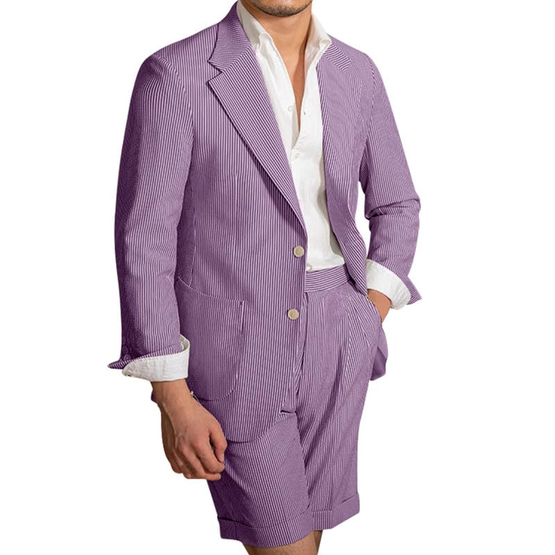 Men Lightweight Sear Sucker Suit Shorts Set Summer Beach Party Blazer & Short Pants Set Casual Striped Tuxedo Shorts Set 2pcs