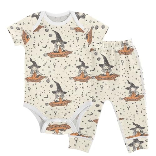 vvfelixl Baby Clothes Cartoon Witch on Flying Carpet Baby Bodysuits Set Unisex Short Sleeve Babys Pants Sets 0-3M