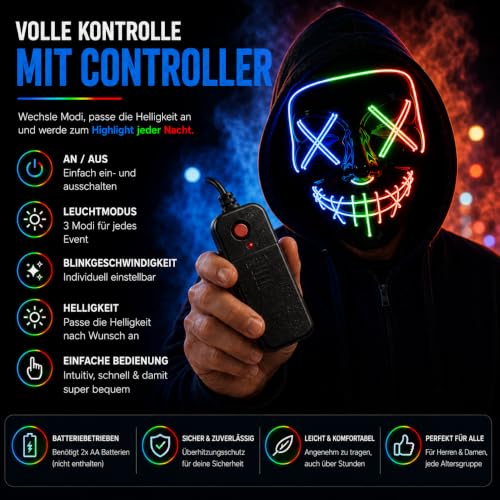 TK Gruppe Timo Klingler LED Grusel Maske - wie aus Purge steuerbar, Gesicht leuchtend, für Halloween… – Ansicht 2