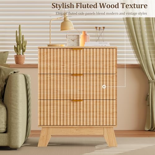 Image of Fluted Nightstand with 3 Large Drawers, Wooden Side End Table with Elevated Legs for Easy Cleaning, Sturdy Modern Beside Table for Small Space, Bedroom, Oak, 24 inch L