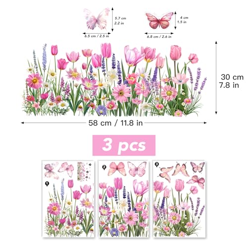 COMOOKA 3 Bögen Fensterbilder Frühling Blumen 58x30cm Selbstklebend Fenstersticker Fensteraufkleber Doppelseitig Schmetterlinge Fensterdeko Sommer für Wohnzimmer Kinderzimmer Wiederverwendbar (F)