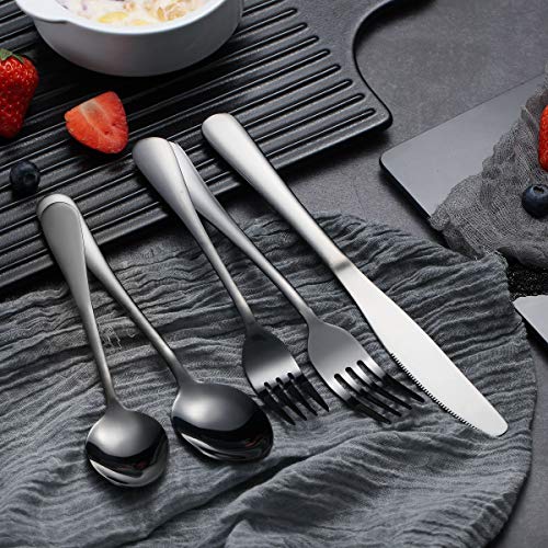 Black Flatware Set 20 Piece Service For 4, Black Titanium Plated Stainless Steel Silverware Set Service For 4 (Shiny, Black) #TOP2