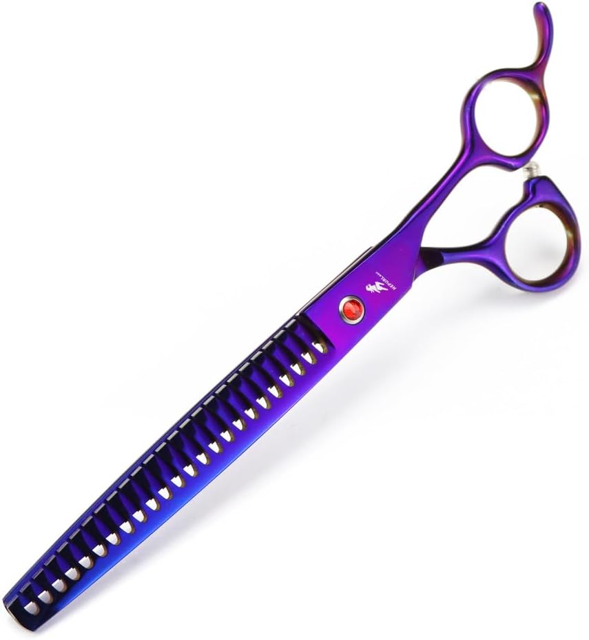 Professional 5 Piece Purple Dog Grooming Scissors Set 8 Inch 6CR Stainless Steel Pet Grooming Kit with Straight Curved Thinning Chunker Shears for Dog Cat Hair Styling Trimming