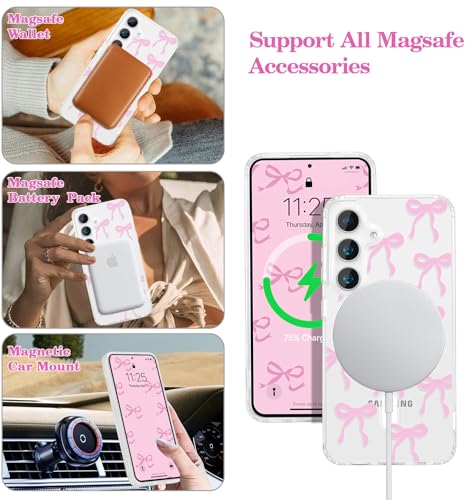 Image of UEEBAI Magnetic for Samsung Galaxy S25 Case, Bow Case Compatible with MagSafe, Wireless Slim Clear Ribbon Aesthetic Phone Case Anti-Yellowing Shockproof Protective Cover for Women Girl - Pink