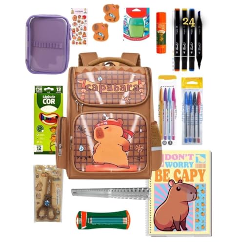 Kit Material Escolar Capivara Completo, Mochila Personalizada Capybara com Estojo, Caderno, Canetas, Lápis de Cor, Adesivos e Acessórios Escolares