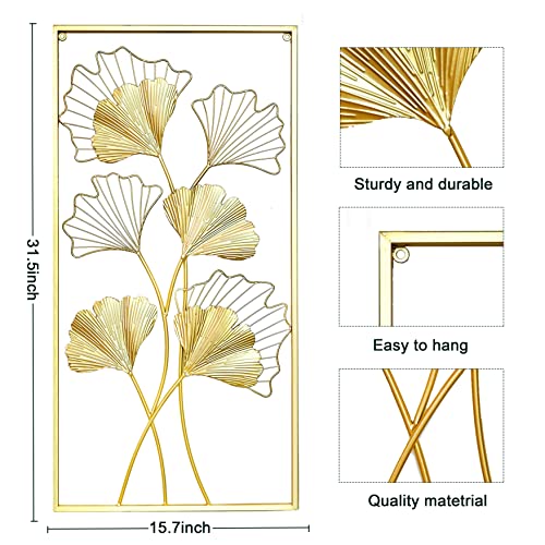 Remenna Gold Wall Decor, 31.5"X 17" Large Ginkgo Leaves Metal Wall Decor With Frame Set Of 2 Modern Metal Art Wall Sculpture For Living Room, Bedroom,Bathroom,Office, Entry #TOP2