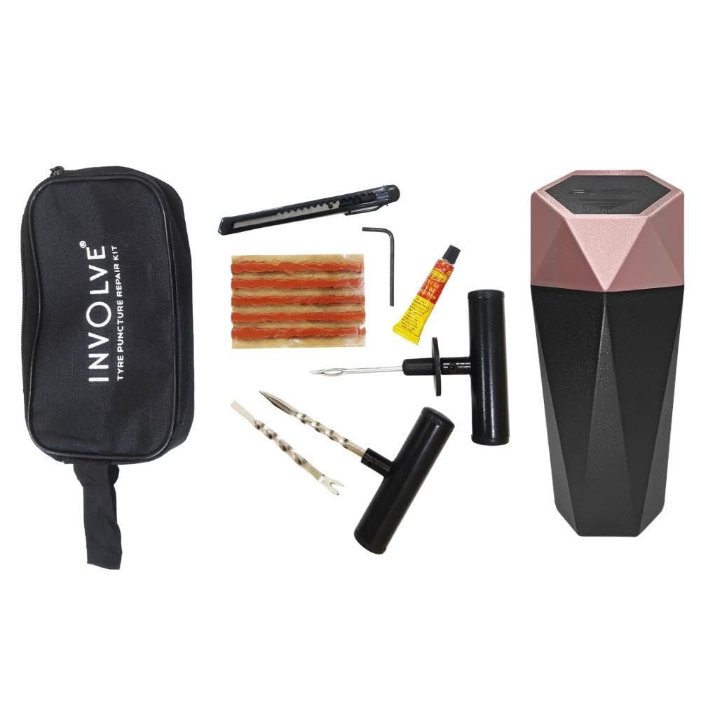 INVOLVE 9 in 1 Universal Tubeless Tire Puncture Kit Emergency Flat Tire Repair Kit Tool with Diamond Shape Car Dustbin-Rosegold (Storage Bag) for Car, Bike, SUV, & Motorcycle |Involve Accessories-picture-19