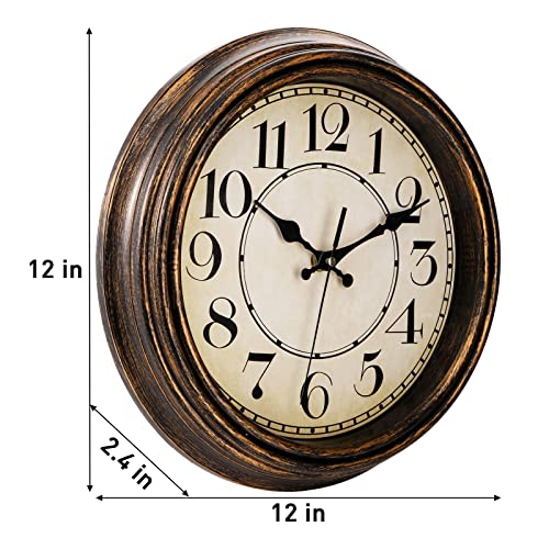 Zenfun 12'' Round Classic Wall Clock, Battery Operated Quartz Clock Silent Non Ticking Wall Clock, Decorative For Kitchen, Home, Living Room, Farmhouse, Bedrooms, Easy To Read, Bronze #TOP1