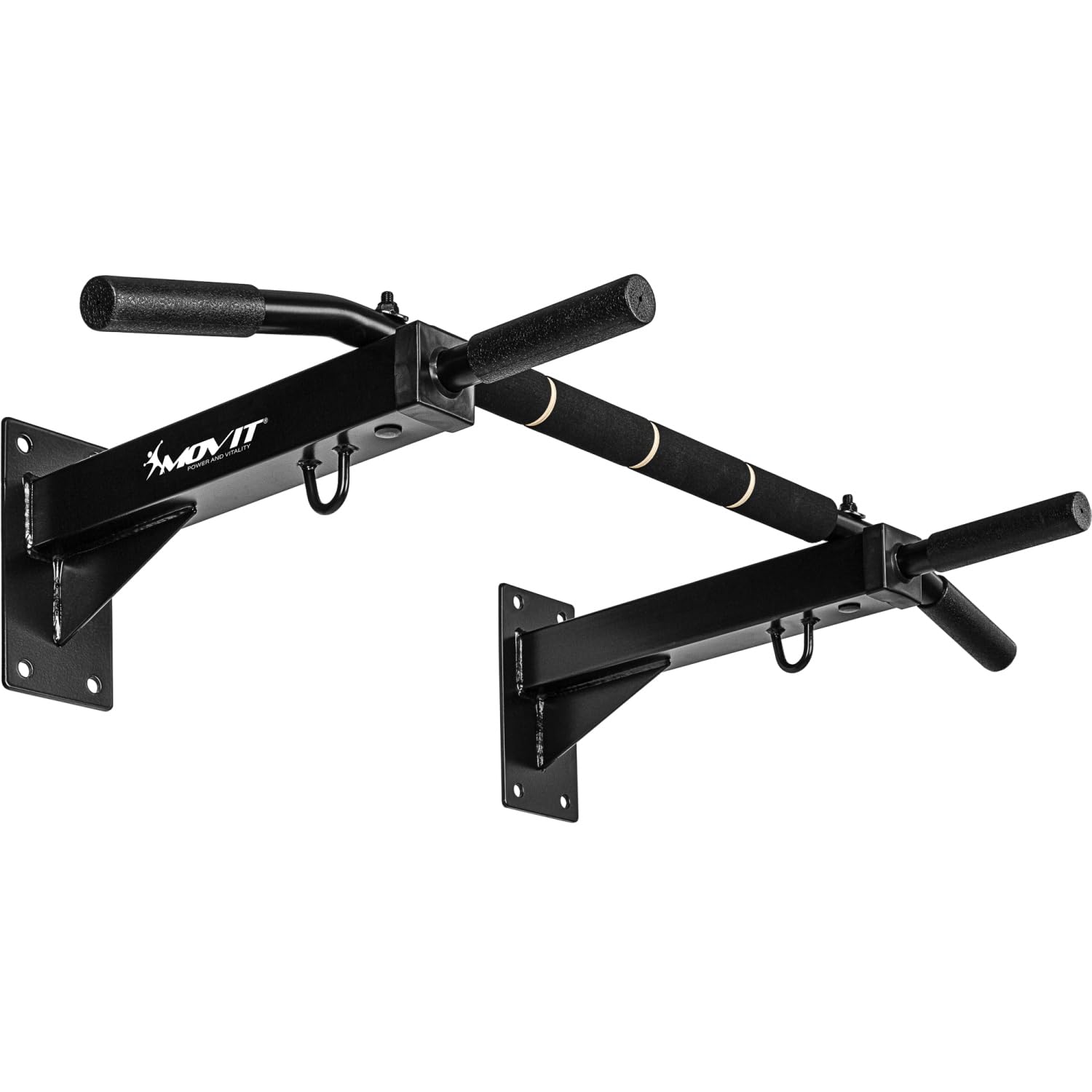 MOVIT® Profi Klimmzugstange zur Wandmontage, bis 350 kg, 4x rutschfeste Griffe + XXL Softgrip, 2x Ösen für Zubehör, schadstoffgeprüft, Weiß oder Schwarz, Türreck Reckstange Pull up bar