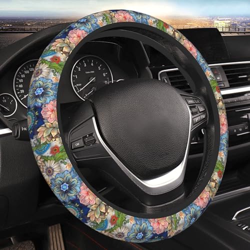 Colorful Boho Floral Bright Blossoms Print Cute Steering Wheel Cover for Women,Car Accessories Interior Decor Universal for SUV Sedan Trucks (15 Inch)