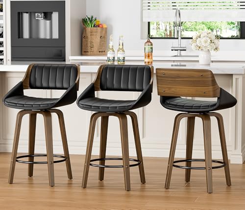 Image of YaFiti Bar Stools Set of 4, 26 inch Swivel Counter Height Barstools with Bentwood Back and Legs, Mid Century Modern Upholstered Faux Leather Counter Stools for Kitchen Island, Bar, Dining Room, Black