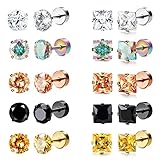 Besteel 10 Pairs Stainless Steel CZ Stud Earrings for Women Men Tragus Round Cubic Zirconia Flat Back Screw Back 20G Ear Piercing Set 3MM-7MM