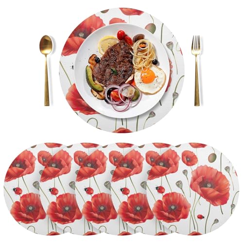 Lot de 6 sets de table ronds en forme de coquelicots rouges avec coccinelles, sets de table saisonniers pour table à manger, décoration de cuisine