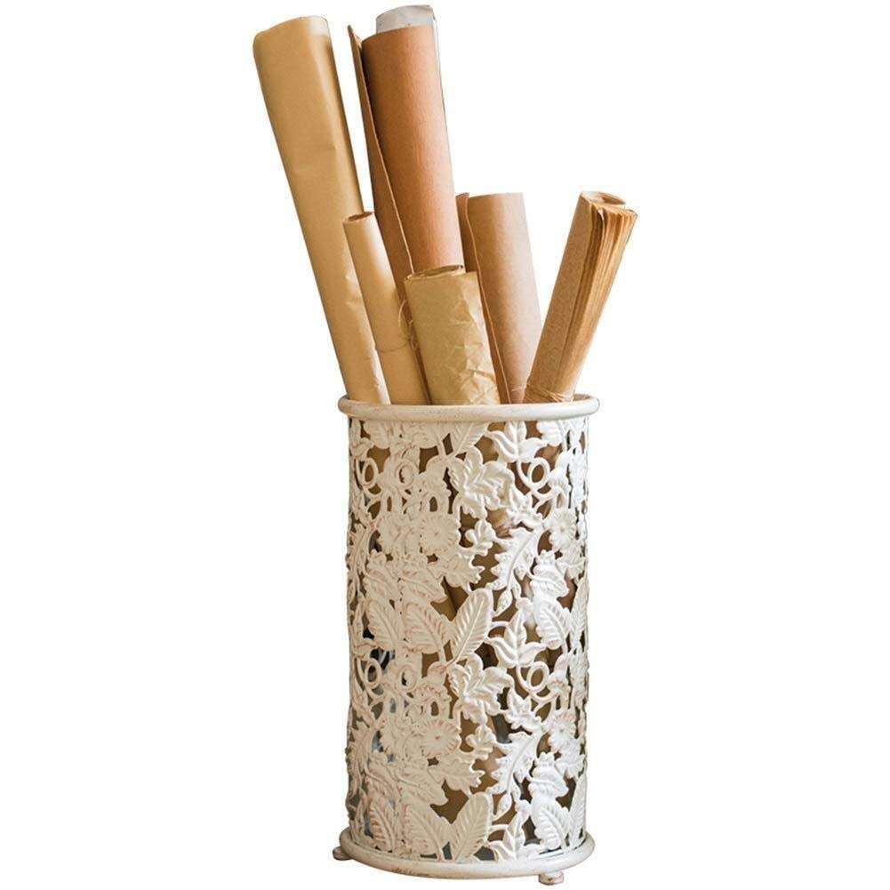 Porte-parapluie blanc rond en métal creux sculpté rétro pour entrée et maison