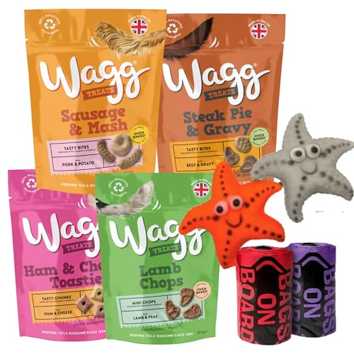 Spinrock Supplies Dog Treats Bundle - 4 Packs of Wagg Treats (Sausage & Mash Steak Pie & Gravy Ham & Cheese Toastie Lamb Chops) 125g Each with Free Squeaky Toy & 1 x Poop Bag Roll