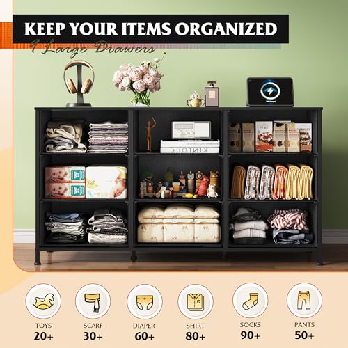 WLIVE 47\'\'W Dresser for Bedroom, Black Dresser TV Stand for 45, 50, 55 inch TV, Wide Chest of Drawers with 9 Drawer, Large Entertainment Center, Fabric Dressers with Wood Top for Closet, Living Room - Thumbnail 7