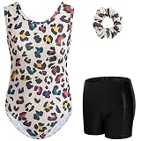 Gogokids Conjunto de gimnasia de tres piezas con pantalones cortos, leotardo sin mangas con piedras preciosas, traje de gimnasia brillante para niñas con diseño de bloques de color, ropa de baile