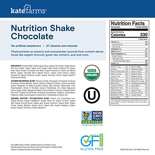 Kate Farms Organic Vegan Plant Based Nutrition Shake, Chocolate, 16G Of Protein, 27 Vitamins And Minerals, Meal Replacement Drinks, Protein Shake, Gluten Free, Non-Gmo, 11 Fl Oz (Pack Of 6) #TOP6