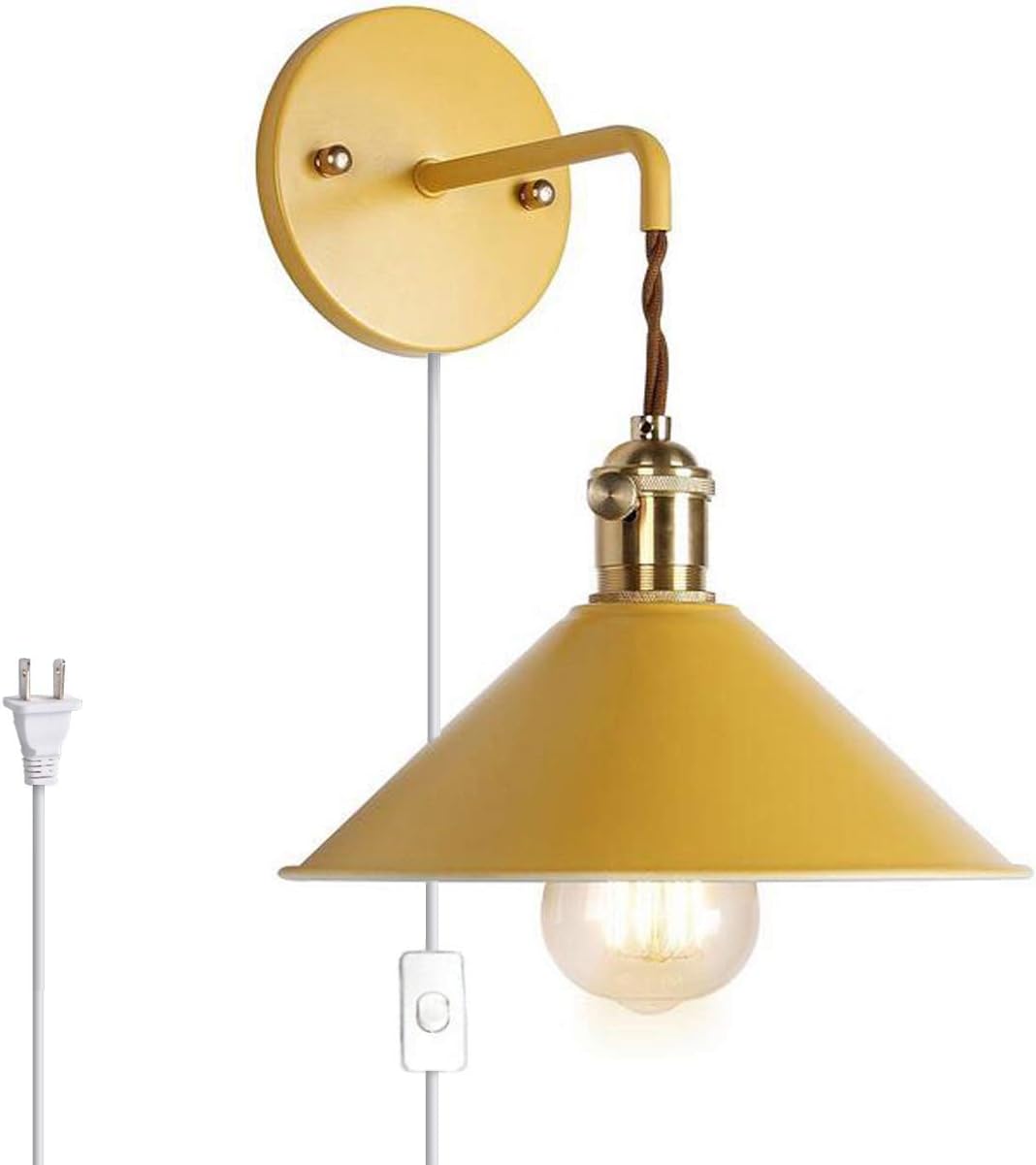 Kiven Nordic Wall Sconce One Cable(Mains Plug and on/Off Switch) Yellow Macaron Bedside Reading Light E26 Socket Copper lamp Holder Aisle Lights Matte Paint Body Corridor Lamp Bathroom Vanity Light