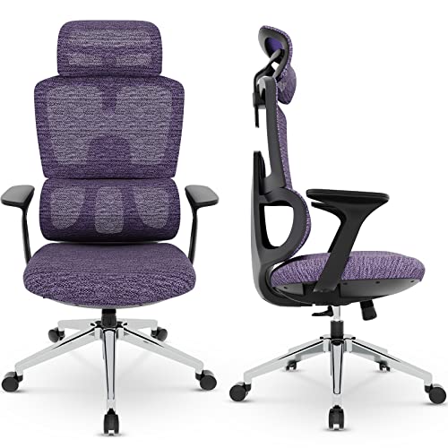Dripex Chaise Bureau Ergonomique, Fauteuil de Bureau à roulettes Pivotantes à 360 ° avec Support Lombaire Ajustable, Appui-Tête Réglable, Accoudoir, Dossier Respirant Haute-Violette