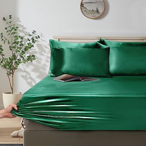 Manyshofu 6Pcs Dark Green Duvet Cover Silky Queen Satin Duvet Cover Fitted Sheet - Not Comforter, Cooling & Luxury Satin Comforter Cover Set - 1 Satin Duvet Covers, 1 Satin Fitted Sheet, 4 Pillowcases #TOP4