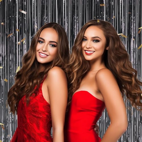 Image of DECOCKRAT 3 Pack Foil Fringe Backdrop - Laser Black Shiny Tinsel Curtains for Party Decoration /Photo Booth Props - 3.3x8.2 FT Metallic Foil Backdrop for Birthday, Wedding, Graduation, Christmas.