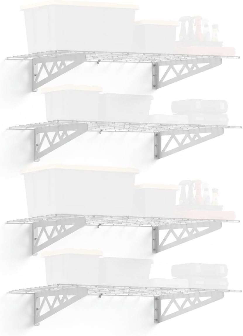 SafeRacks Steel Garage Wall Shelves 4-Pk w/Hooks, 500lb, White (24x48)
