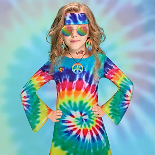 Heentan 16 Pcs 70S Outfits For Girls Kids 60S 80S Hippie Costume Set Boho Dress Hippie Outfits Accessories Set (Rainbow, Large) #TOP4