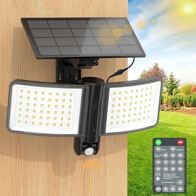 Solar Outdoor Lights - 1500LM IP65 Waterproof LED Security Lights with Remote Control, Memory Function Motion Sensor Outdoor Light, 4 Modes Exterior Flood Wall Light for Backyard Patio Garage