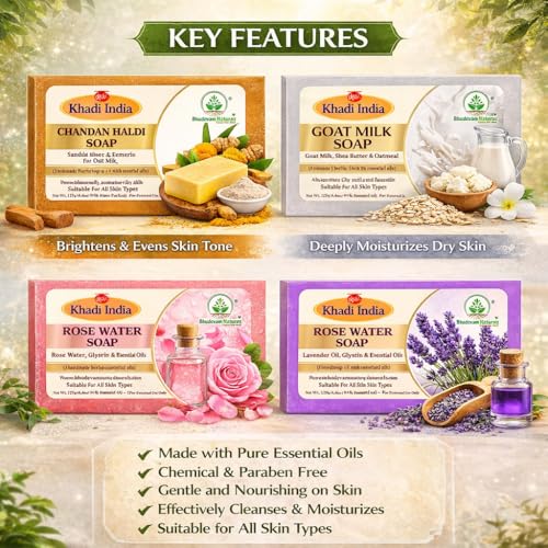 Image of Khadi Organic and Natural Handmade Bathing Soap for Men & Women | Assorted Herbal & Chemical-Free Face and Body Soap for Gentle Cleansing & Healthy Skin (Mixed soap (Pack of 4))