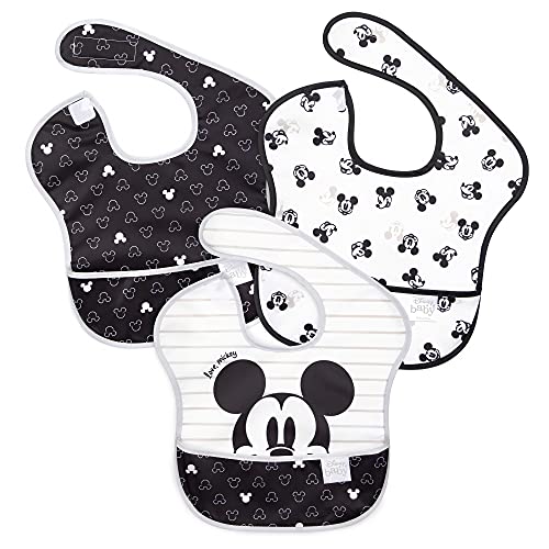 Image of Bumkins Disney Bibs for Girl or Boy, SuperBib Baby and Toddler for 6-24 Months, Essential Must Have for Eating, Feeding, Baby Led Weaning, Mess Saving Waterproof Soft Fabric, 3-pk Mickey Mouse Icon