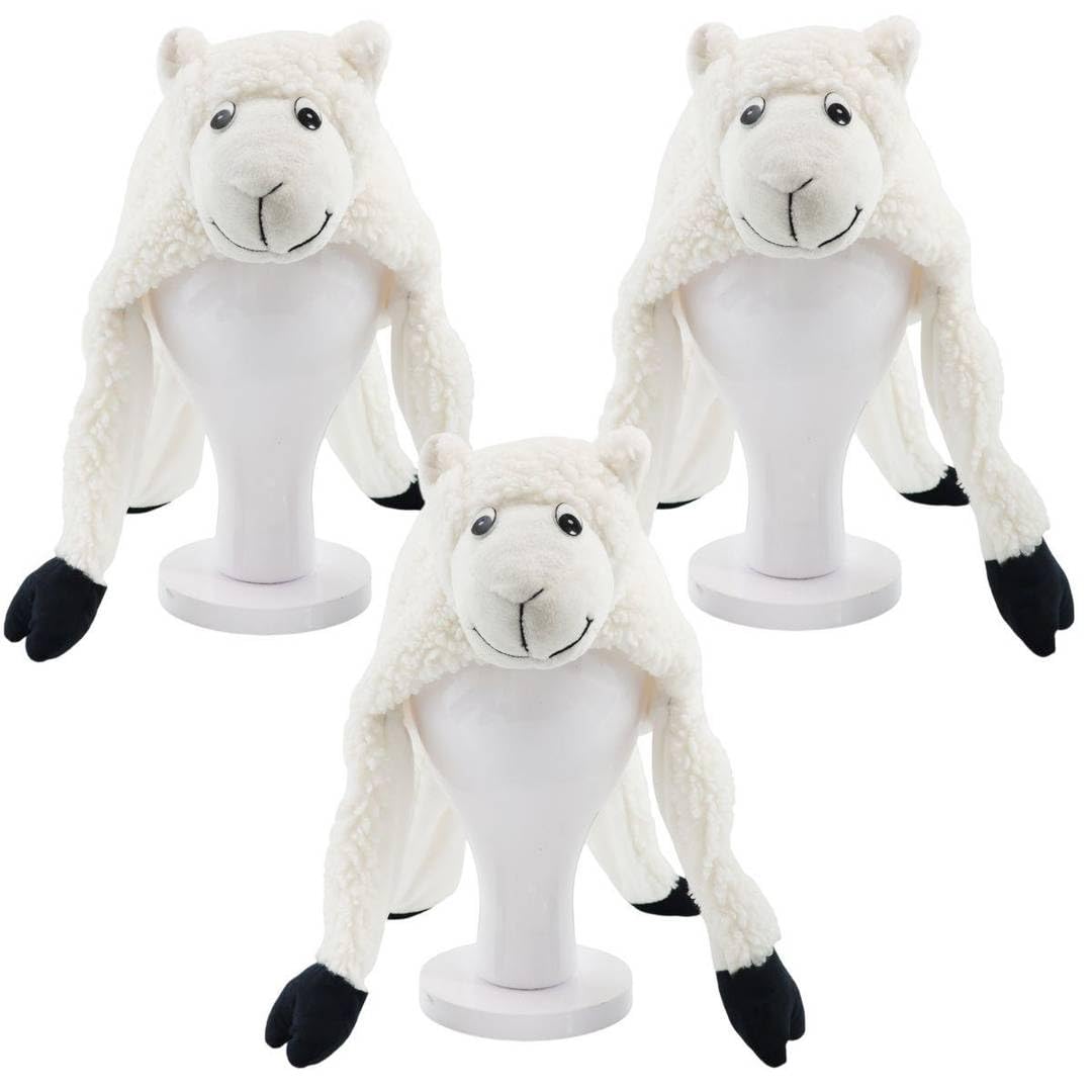 LOVETRENDS Welsh Sheep Hat Adults Pack of 3 - Fluffy White Ram Novelty Cap Trio Set - Unisex Wales Rugby Football Fan Supporter Six Nations Cymru St Davids Day Costume Accessory Group