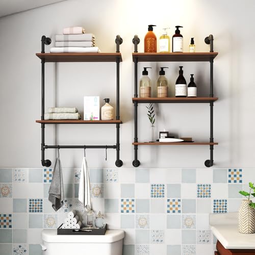 Industrial Pipe Shelf 3 Tier and 2 Tier Wall Mounted Shelves 36in Wood Display Shelves, and 3 additional hooks,Farmhouse Kitchen Bar Shelf, DIY Bookshelf Unit Hanging Wall Shelves for Bedroom...