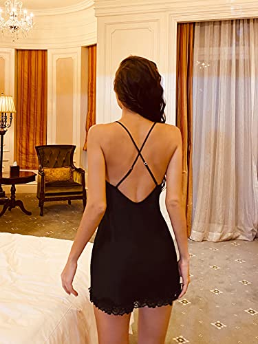 Shein Women's Satin Lace Mini Night Dress Split Thigh V Neck Sleeveless Nightgown Black Medium #TOP1