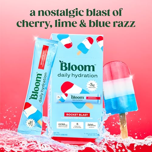 Image of Bloom Daily Hydration Electrolyte Powder Packets with Collagen, 5g Protein, Electrolytes, Vitamins & Minerals, Sugar Free Drink Mix, Rocket Blast, 5 Count (Pack of 2)