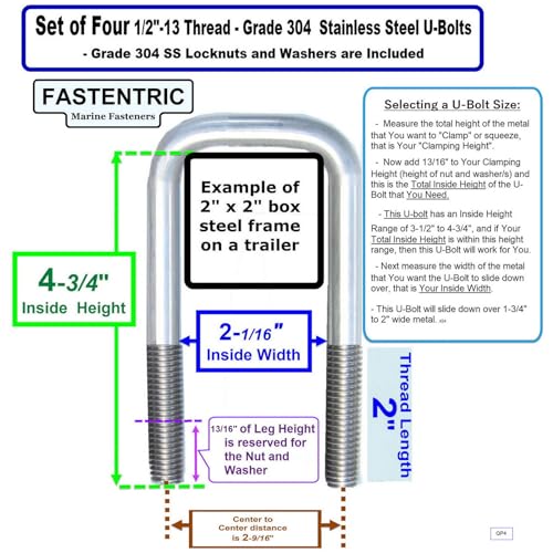 image for FASTENTRIC Made in The U.S.A. (4) 304 Stainless Steel Square U-Bolts 1