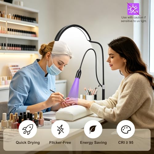 Image of Half Moon Desk Nail Lamp with UV Gel Nail Dryer, 2-in-1 Dual Arm Gooseneck Clamp Lamp for Nail Tech, Professional Shadowless Manicure Table Light, Adjustable Brightness for Eyelash, Tattoo