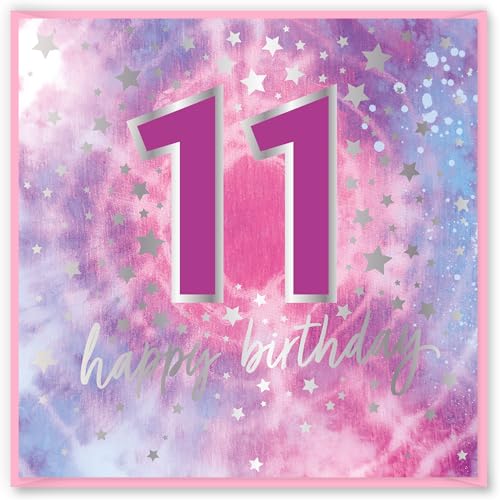 Design By Violet Tarjeta de felicitación de cumpleaños de 11 años, tarjeta de feliz cumpleaños para niño y niña, regalo pensativo en blanco con elegante diseño de espacio, 15 cm x 15 cm